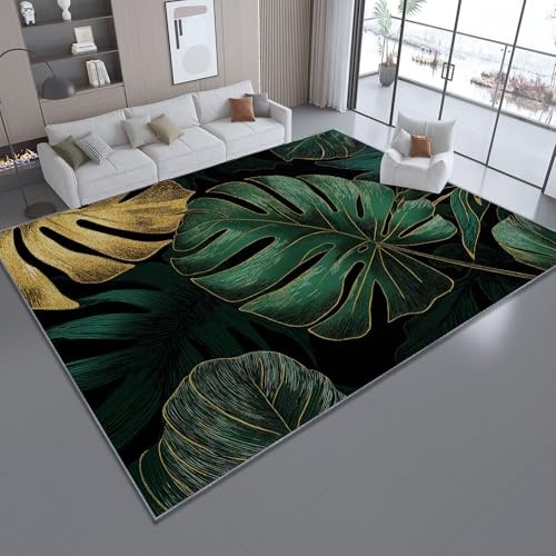 Soft Modern Art Abstract Plants Monstera Deliciosa Rug, Washable Area Rugs Living Room 160 x 230 cm Dining Kitchen - Easy Care Pile Non-Slip Short Pile Black