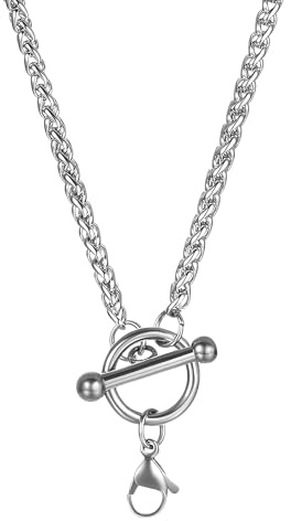 Toggle Necklace For Men And Women, 925 Sterling Silver Hip Hop Link Chain T Clasp Long Pendant Charm Choker Necklace, Lock Key
