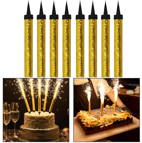 Golden Sparkling Fountain Candles Pack of 8 Cake Firework Candles Low Smoke Bright Long Lasting Sparkle Effect for Birthdays Weddings Anniversaries Parties and Celebrations