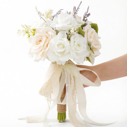 Laelfe Brautstrauß Künstliche Blumen, Hochzeitsblumenstrauß Weiß | Rosenstrauß für Braut & Brautjungfern, Seidenblumen Bouquet für Hochzeit, Party & Deko