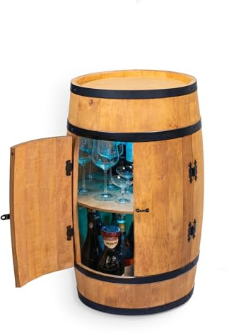 CREATIVE COOPER Fassbar Stehtisch mit Tür und LED RGB - Alkoholschrank Flaschenregal Holz - Holzfass - Fassmöbel - Wineregal - Whiskybar- Weinfass mit Tür - 80 cm (Eiche)