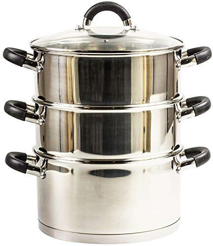 Royal Cuisine 3 Tier Multi Layer Stainless Steel 20cm Steamer cooking Pot With Stackable Pan Insert/Glass Lid Cookware Set food steamer with Silicone Handles induction cookware
