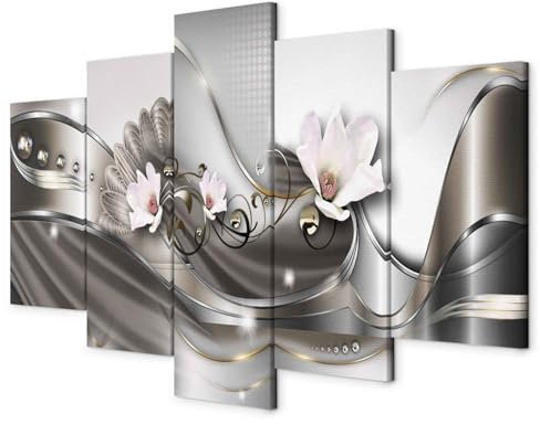 B&D XXL - Wandbilder XXL Abstrakt 225x112cm 5 tlg - Wand Deko Leinwand Bilder Groß Wanddeko Wohnzimmer Schlafzimmer Kunstdrucke - Blumen Orchidee Ornament Perlen grau silber