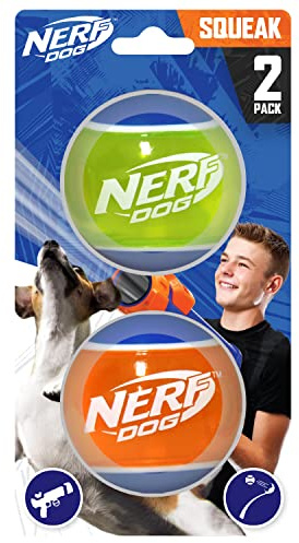 Nerf Dog Gummi-Tennisball Hundespielzeug mit interaktivem Quietscher, leicht, langlebig und wasserabweisend, 5,1 cm, für kleine, mittelgroße und große Rassen, 2 Stück, gemischte Farben, 2 Stück (1