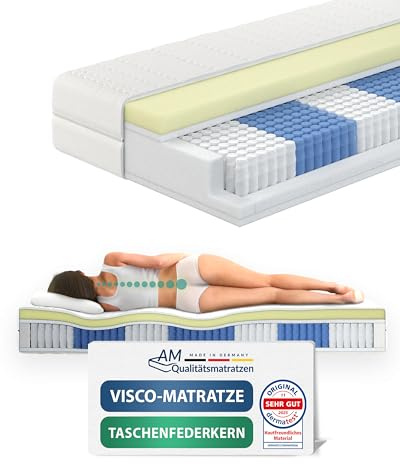 AM Qualitätsmatratzen Premium Visco-Taschenfederkernmatratze 140x200cm H2 24cm - Made in Germany & Oeko TEX Siegel - 7 Zonen Visco-Federkernmatratze 140x200 mit 1000 Federn & Lyocell Bezug