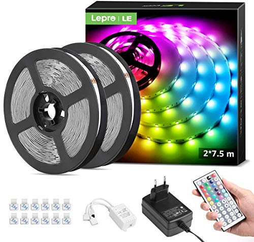 LE LED Strip 15M, LED Streifen, RGB Band, 5050 SMD 450 LEDs Stripes(2x7.5M), 12V, Selbstklebend Lichtband mit 44 Tasten Fernbedienung, Flexibel LED Leiste, LED Lichterkette für Weihnachten, Bar,TV
