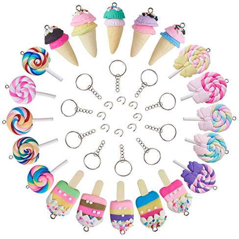 Cheriswelry 40pcs Candy Lollipop Polymer Clay Charm Sweet Ice Cream Dessert Charm Keychain Pendants for Phone Straps Key Bag Decor DIY Jewelry Making Kits