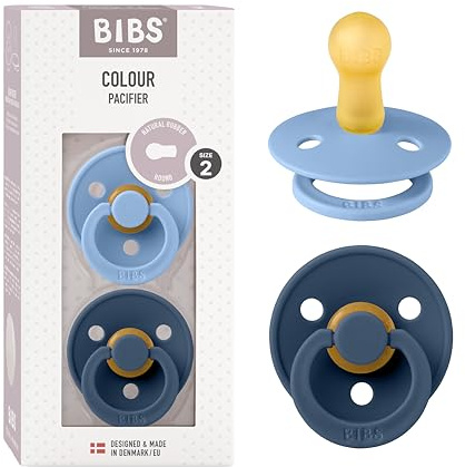 BIBS Colour Schnuller, 6-18 Monate, 2er-Pack, Sky Blue/Steel Blue | Runder Sauger | Naturkautschuklatex | Größe 2 | BPA-frei | Hergestellt in Dänemark | Hohe Akzeptanz | Luftlöcher