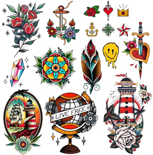 CARGEN Tatouages Éphémères pour Femme Homme Vintage Plume Fleur Tatouages Éphémères pour Femme Classique Épée Globe Phare pour Homme Tatouage Traditionnel Américain pour Bras Pied pour Fête