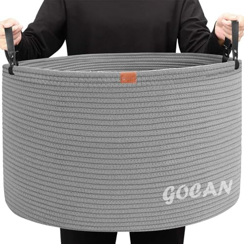 GOCAN XXXL Aufbewahrungskorb Groß Korb Baumwolle Seil Wäschekorb Wäschesammler für Decken Kisse im Wohnzimmer Kleidung Spielzeug im Kinderzimmer, rein grau D55 X H35cm