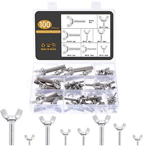 Gueenky 100 Pezzi Dadi ad Alette, M3 M4 M5 M6 M8 M10 M12 Dado a Farfalla in Acciaio Inox Bulloni a Vite a Farfalla, 8 Misure Viti ad Alette a Farfalla Dado ad Alette a Farfalla Assortimento Kit