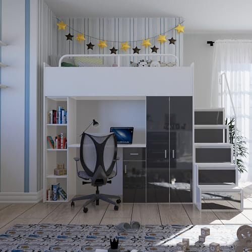 Marlux-Meble Hochbett JSM-4 90x200 mit Kleiderschrank Schreibtisch und Treppe Hochglanz Kinderbetten Funktionsbett Etagenbett Stockbett Kinderhochbett Jugendhochbett (Graphit Glanz)