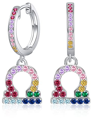 Waage Sternzeichen Ohrringe mit Bunt Zrkonia - Qings Damen Mädchen Creolen 925 Sterling Silber Klein Horoskop Anhänger Hängend Hoops Ohrringes 12 Konstellation Sternbild Astrologie Schmuck Geschenk
