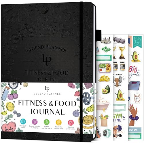 Legend Fitness & Food Journal – Nutrition & Workout Planner with Exercise Calendar & Nutrient Tracker – Gym Training & Diet Log Book for Women & Men – Lasts 3 Months, 14x21cm (Black)