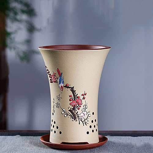 Yixing Lila Sand-Blumentopf Klassischer Blumentopf Handgeschnitzter runder Keramik-Beckentopf, Taille Einfacher kleiner runder Blumentopf, Desktop-Fleischiger lila Sandtopf-Multifunktionaler Blument