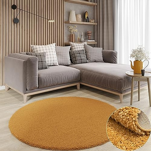 MY-RUG Shaggy Star Teppich Rund 120 cm - Weicher Hochflor Kuschelteppich | Extra Langer 37 mm Flor in Senfgelb Gold - Rutschfeste Felloptik - Oeko-Tex Zertifiziert - Weich und Pflegeleicht