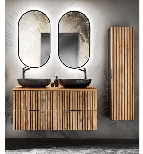 Lomadox Badmöbel Set 4-teilig schwarz gerillt Doppelwaschtisch 121x46,5 cm Unterschränke 2 Aufsatzwaschbecken LED Spiegel Hochschrank anthrazit mit Eiche Nb.