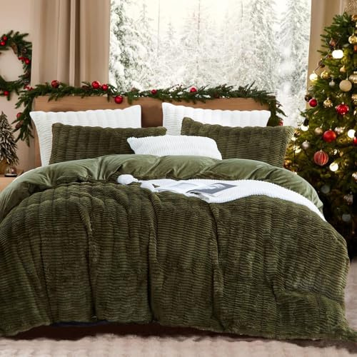Lanqinglv Plüsch Bettwäsche 200x200 Grün Dunkelgrün Flauschig Langhaar Kunstfell Winterbettwäsche Warm Kuschelig Flanell Fleece Cashmere Touch Bettbezug mit Reißverschluss und 2 Kissenbezug 80x80cm