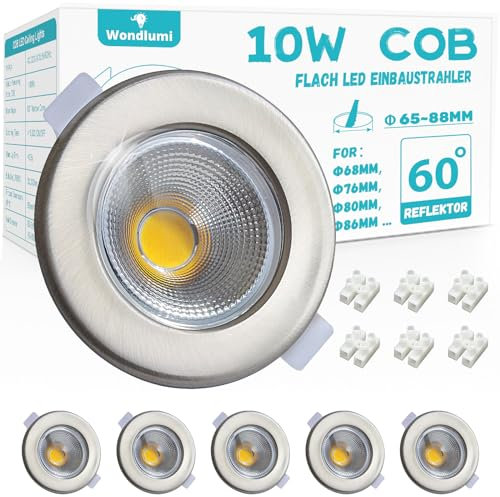 Wondlumi 6X LED Recessed Ceiling Lights, 10W 850lm Cool White 5000K Spotlights Ultra Slim LED Downlights for Ceiling, Brushed Chrome Spot Lights for Bedroom, Living Room, Kitchen