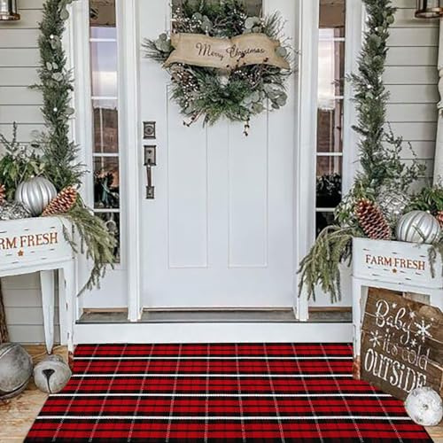 Bottalive Weihnachtsteppich für den Außenbereich, kariert, 60 x 120 cm, Rot und Schwarz kariert, für Innen- und Außenbereich, maschinenwaschbar, Baumwolle, gewebt, Bauernhaus-Matte für