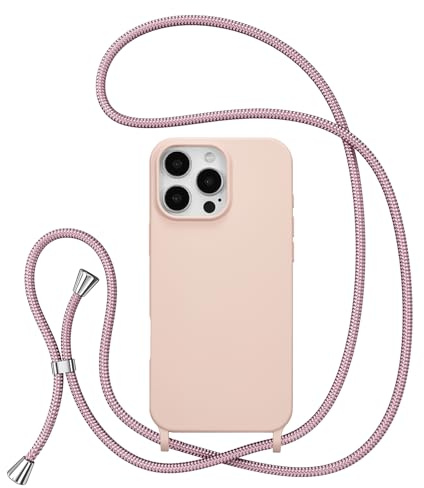 ZTOFERA Crossbody Lanyard Case for iPhone 15 Pro (6.1-Inch), Liquid Silicone Protective Phone Case with Strap Adjustable Neck Cord Necklace Soft Cover, Pink
