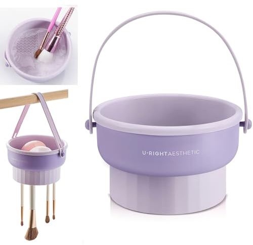 UPTOZOBLY 3 in 1 Brush Cleaning Mat with Brush Drying Holder, Silicone Makeup Brush Cleaner Mat Make Up Brush Cleaning Bowl Cosmetic Brush Washing Tool for Makeup Brush, Sponge, Powder Puff (Purple)