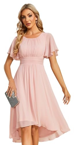 Ever-Pretty Women's Chiffon Crew Neck Pleated Waist Short Sleeve Knee-Length Wedding Guest Dress - A-Line, Plus Size 3X (US 26-28), Solid, EG02053