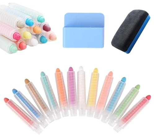 Lot de 12 Crayons Craie de Couleur Sans Poussière Craie Lavables Non Toxiques avec 1 Support Magnétique pour Craies et 1 Effaceur pour Tableau Noir pour Tableau Blanc Noir Outils D'écriture