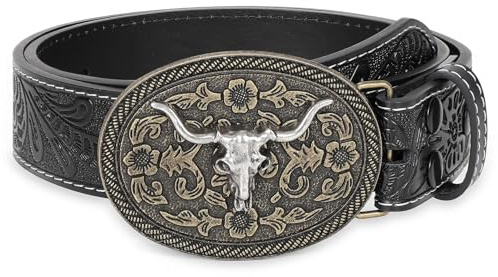 WHIPPY Mens Cowboy Belt Western Belts for Men Women with Engraved Floral Bull Head Buckle Western Leather Buckle Belt for Jeans,Black-Silver 36-40