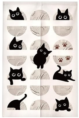 Türvorhang Beige Schwarze Katze Vorhänge Kurz Polyester Küchenvorhänge Raumteiler Vorhang Türvorhang Insektenschutz Tür Vorhang mit Teleskopstange Fliegenvorhang Terrassentür Vorhang Tür 85x150