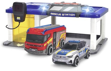 Dickie Toys - Rescue Auto-Station für Kinder ab 3 Jahre (31x22 cm) mit 2 Spielzeug-Autos (Polizeiauto & Feuerwehrauto), Feuerwehr- & Polizeistation mit Licht & Sound, inkl. Batterien