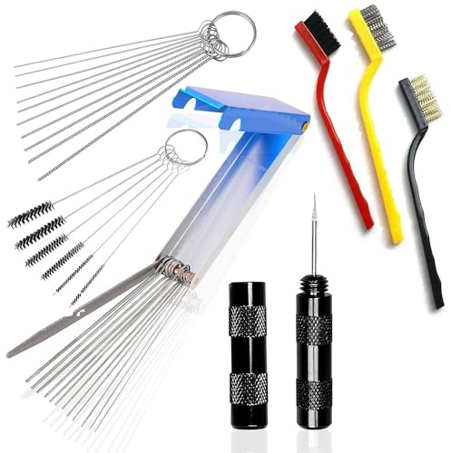 32 Pieces Carbon Dirt Jet Remove Cleaner for Carburetor, Airbrush, Spray Gun - 5 Cleaning Needles + 10 Nylon Brushes + 13 Pieces Cleaning Wires Set + 1 Sharpen Pick Tool Kit + 3 Large Brushes
