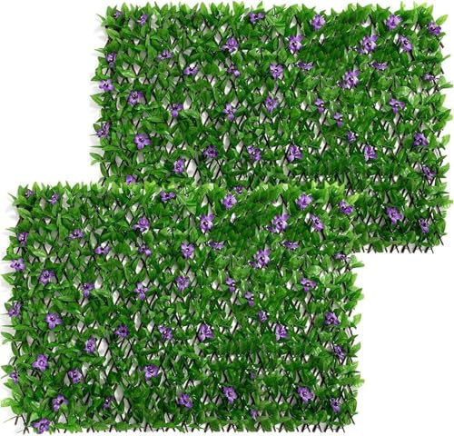 Gartengitter-Paneele, ausziehbar, 200 x 40 cm, erweiterbares Rankgitter mit künstlichen Blättern, erweiterbarer Gartenzaun mit künstlichem Efeu und violetter Blume, Grün-Hintergrunddekoration