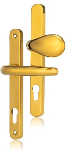 XFORT Uros Polished Brass Inline UPVC Door Handle, (PZ 92mm, Screw Hole Distance 211mm, Overall 243mm) Aluminium Lever/Pad UPVC, Front Door Handle