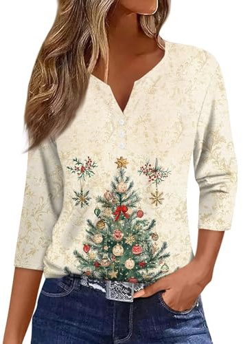 Weihnachtsshirt Damen V Ausschnitt Shirt 3/4 Arm | Günstig Top mit Knopfleiste Oversized Shirt Weihnachten 3/4 Ärmel Weihnachtsmann Hemde Festival Outfit