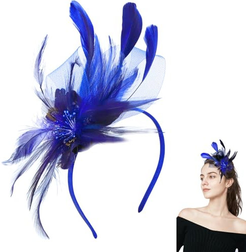 Larfraecy Prom Stirnband Retro Teeparty Fascinator Hut Hut Stirnband Faux Flowers Feather Mesh Hair Accessories Wedding Hochzeiten Partys für Mädchen und Frauen (Blau)