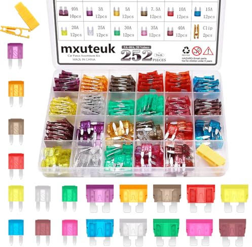 mxuteuk 252 Stück Auto Sicherungen Sortiment Kit Kfz-Sicherungen Standard- und Mini-Größe mit Sicherungszieher(3A 5A 7.5A 10A 15A 20A 25A 30A 35A 40A) Ersatzsicherungen für Marine,Auto,RV,Boot,LKW