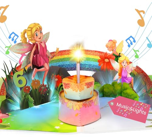 Geburtstagskarte für 6 Jahre Mädchen, 3D Fee Geburtstagskarten mit Musik, Pop-up Singende Karte Geburtstag mit LED Licht Kerze für 6 Jahre Mädchen, Tochter, Enkelin