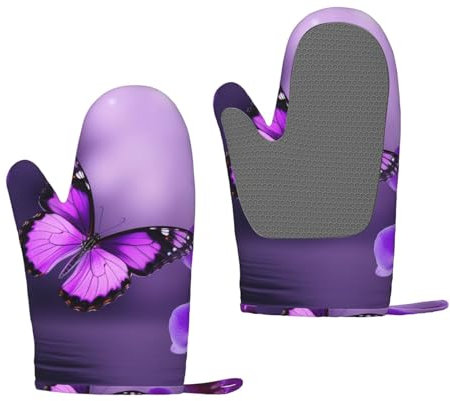 Purple Butterfly Oven Mitts Set of 2 Heat Resistant Silicone Oven Gloves with Soft Lining Non-Slip Kitchen Cooking Mitt Long Waterproof Potholders Kitchen Essentials