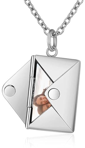 Getagift Personalised Openable Photo Envelope Necklace, Custom Photo Locket Pendant, Silver and Gold, Stainless Steel Chain, Gifts for Women. (Silver)