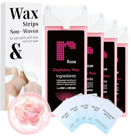Roll On Wax Refill- Easy Home Waxing for Large Areas, 6 Weeks Smooth Skin (4 Wax Cartridges, 50 Waxing Strips, 5 Removal Wipes) (Rose)