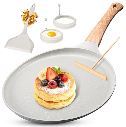 AOSION Crepe Pan Nonstick 11 Inch,Dosa Tawa Creamic,Tortilla pan For Pancake Steak Crepe Salmon,Flat Pan With Ergonmic Handle For All Stoves Top,Gray