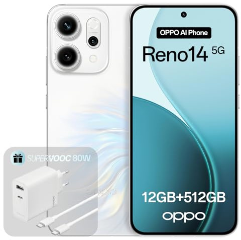 OPPO Reno14 5G 12+512GB, Smartphone Android sbloccato AI, Display 6,59 120Hz AMOLED, Fotocamera AI 50+50MP, Batteria 6000mAh, IP69, Opal White (Include Caricatore 80W SUPERVOOC)