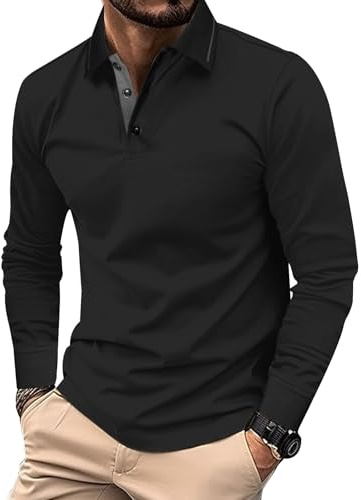 Comilaka Homme Polo Casual Manches Longues Cotton Poloshirt Top Couleur de Contraste Automne Hiver Classique
