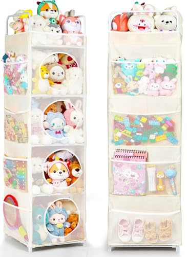 AXHOP Toy Storage, 42x42x162cm Teddy Storage, 5-Tier & 8 Side Pockets Toy Box, Kids Storage Unit for Bedroom & Playroom, Ivory