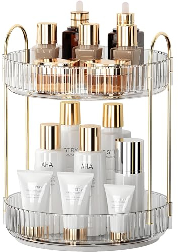 Make Up Kosmtik Organizer, 360° Drehbar Schminktisch Organizer, Multifunktion Schmink Aufbewahrungssystem Skincare für Dresser Schlafzimmer Badezimmer, 2 Schichten, Transparent