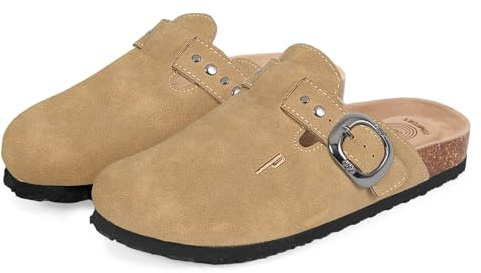 PERLETTI Sandalias Mujer Invierno Verano Cómodas Ligeras - Zapatillas de Estar por Casa con Suela Antideslizante - Sandalias de Vestir Planas Cerradas para Mujeres Hebilla Ajustable (Arena, 39)