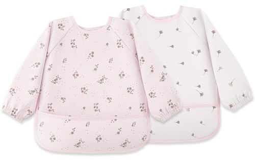 Bearmoss Lätzchen zum Abstillen mit Langen Ärmeln Weiches und Hautfreundliches Material, Lätzchen zum Stillen, Wasserdicht und Leicht zu Reinigen & Maschinenwaschbar für Baby(Rosa Blüte)