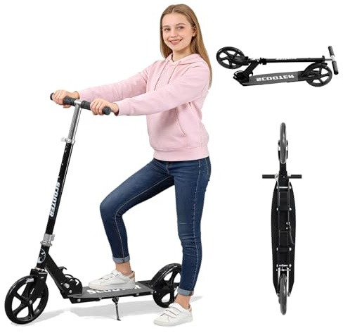 Kick Scooter Scooters for Kids Teens Adults - Heavy Duty Folding Scooters,Non-Slip Large Deck,Portable for Travel,Adjustable for 5-8 8-12 6+ Year Old Age Boys Girls Up to 300 Lbs - Black