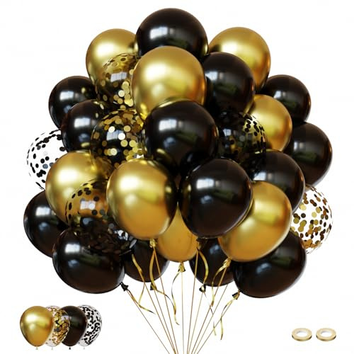 Luftballons Geburtstag Luftballons Schwarz Gold FQZYLCH 60 Stück 12 zoll Goldene Metallic Luftballons Schwarze Konfetti Ballons für Hochzeit Silvester Firmenfeier Ramadan EID Party Deko